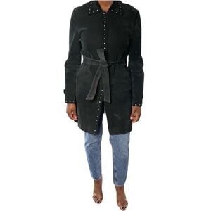 Express Vintage Suede Leather Studded Belted Trench Coat Jacket